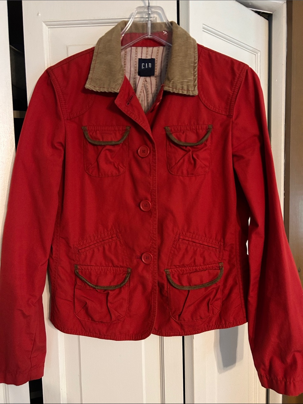 GAP Burnt Orange Button-Front Utility Jacket with Tan Corduroy Collar